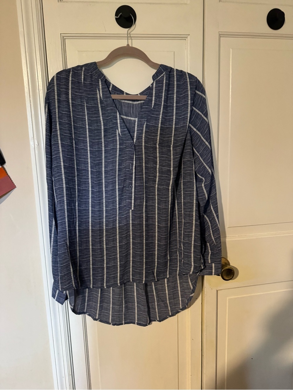 Navy Blue & White Striped Long Sleeve Button-Front Tunic Blouse. Never Worn.